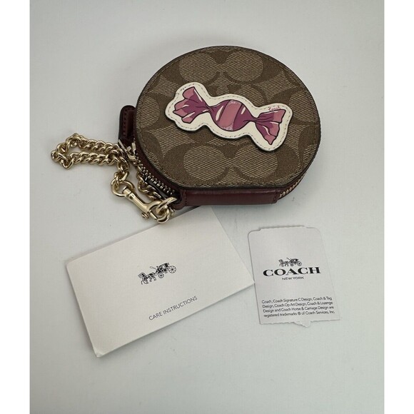 NWT Coach F68849 Round Coin Case in Signature Canvas Pink Candy Chain Ltd. Edit. - Picture 15 of 15